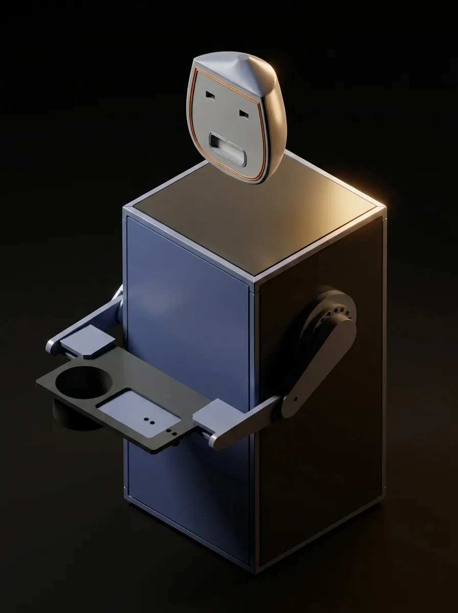 CAD render of the healthcare assistant robot, showing its body, articulated delivery arm and camera head
