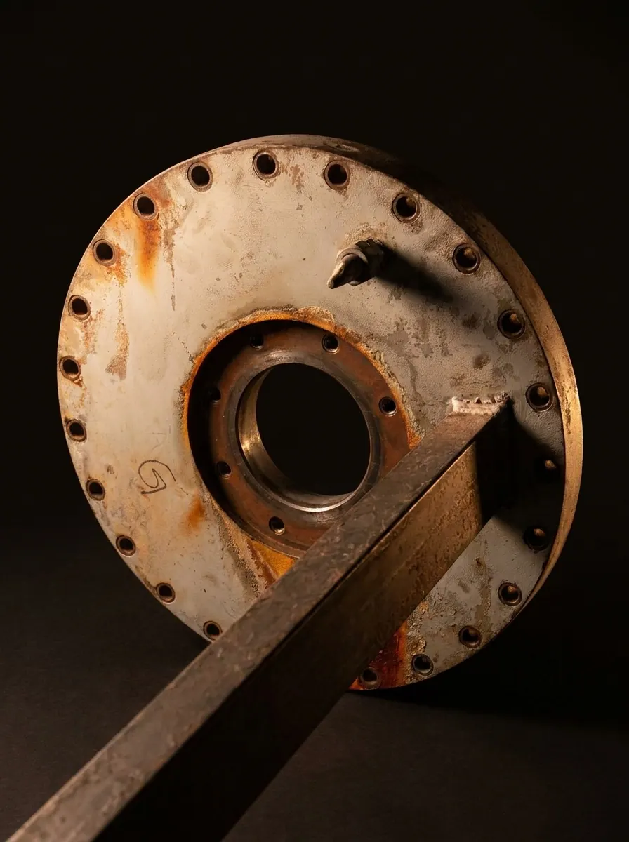 Corroded original boiler door flange from Yugadanavi Power Plant, showing surface rust and pitting