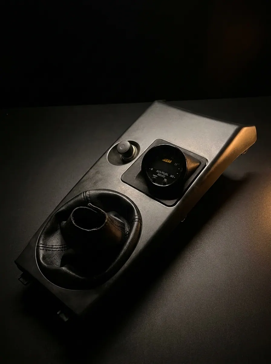 Mitsubishi Lancer Evo ashtray console adapted to house an AEM air/fuel ratio gauge, shown beside the gear boot