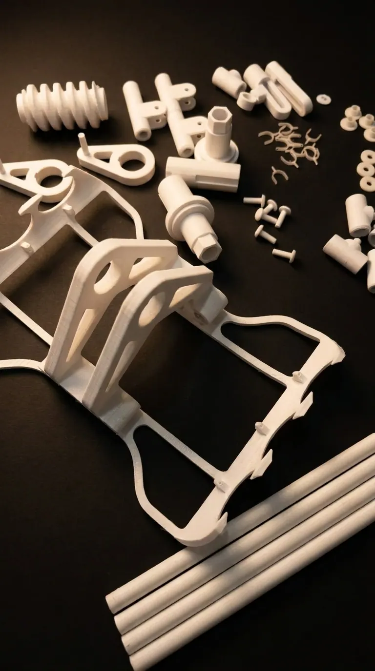 Set of white 3D printed precision assembly components laid out on a dark surface — frames, standoffs, gears and fasteners