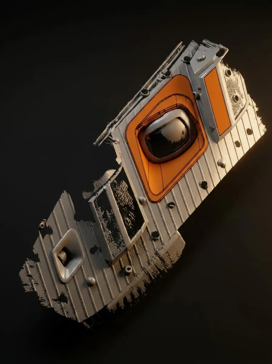 3D scan and CAD overlay of a vehicle headlight housing, showing the modified lens aperture in orange