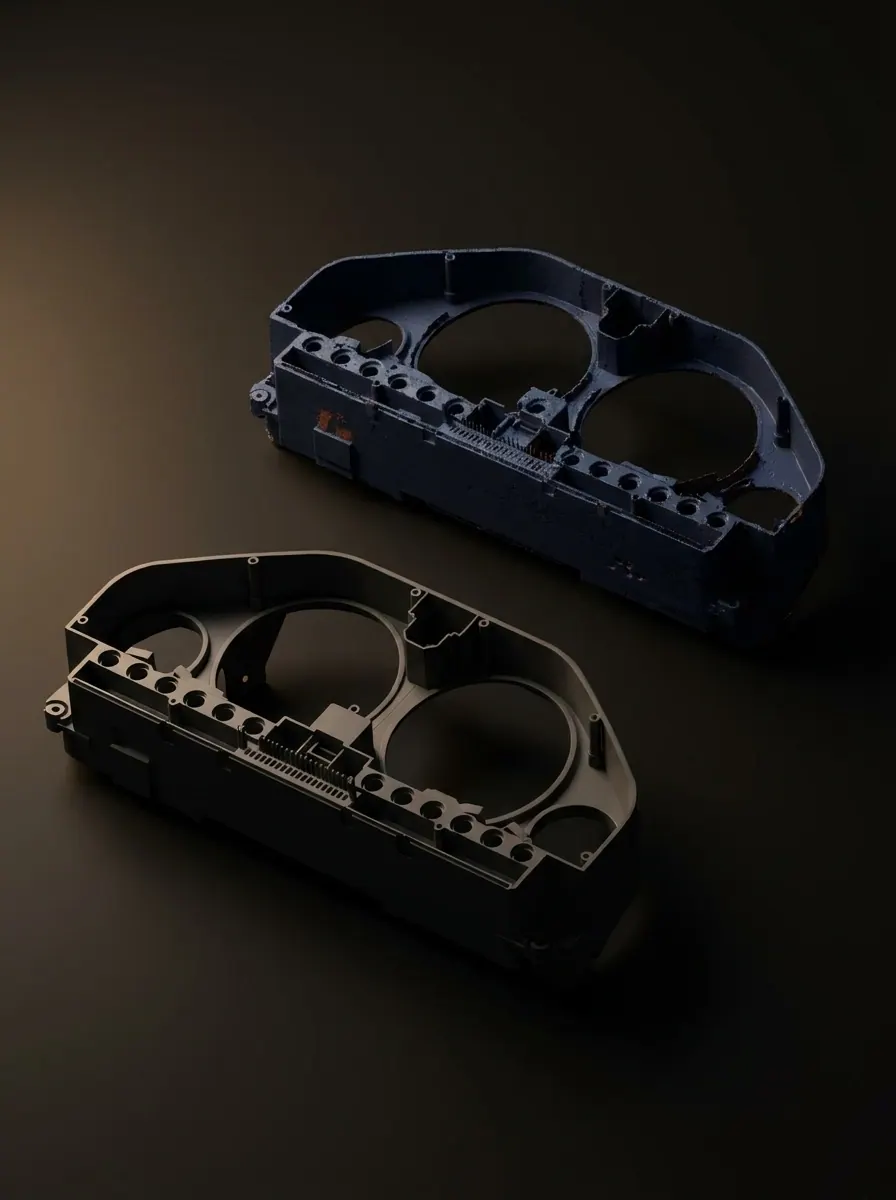 3D scan and rebuilt CAD model of a vehicle instrument cluster housing, shown side by side